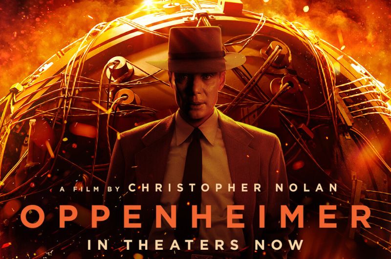 Poster of the film "Oppenheimer," depicting J. Robert Oppenheimer with a backdrop of the first nuclear test.