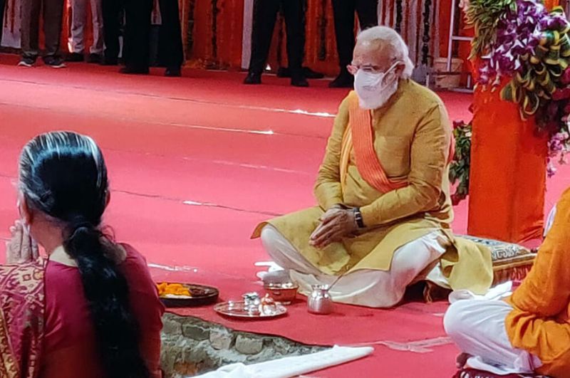 Prime Minister Narendra Modi laying the foundation stone for the Ayodhya Ram Mandir in 2020.
