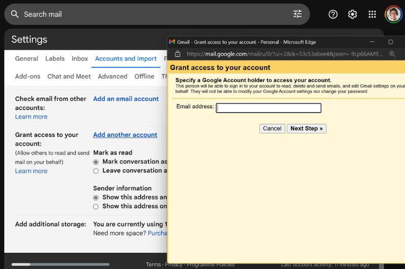 An open laptop showing Gmail's delegate feature, with a secondary user's email being added for temporary access.