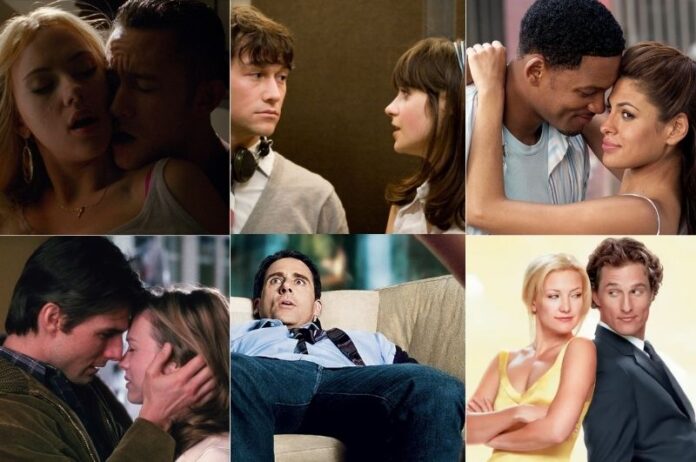 A collage of classic rom com movie posters, showcasing laughter, love, and heartwarming moments.