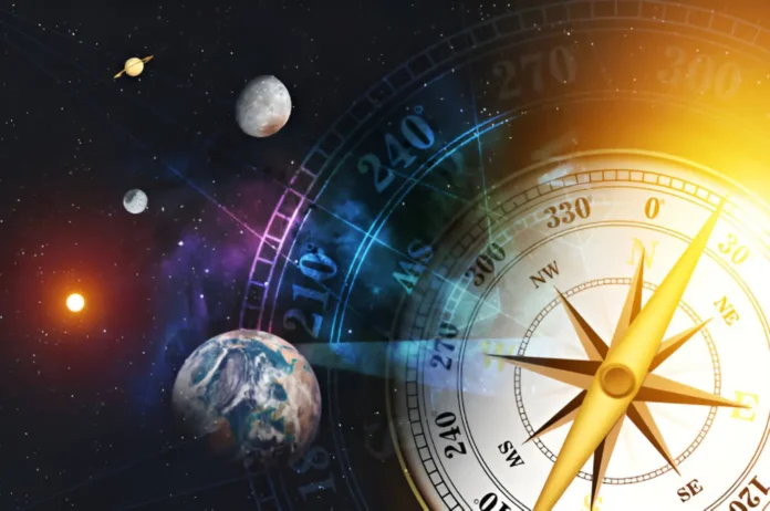 Astrology symbols and futuristic technology icons merging to represent cosmic influence on innovation