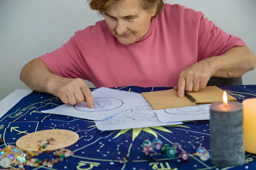 A person conducting a tarot reading focused on health insights, with cards spread on a star-patterned cloth.