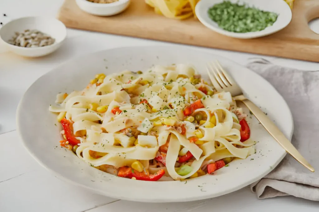 A plate of freshly made fettuccine pasta with diced tomatoes, corn kernels, and herbs, perfect for a ‘How to Make Italian Pasta’ blog post