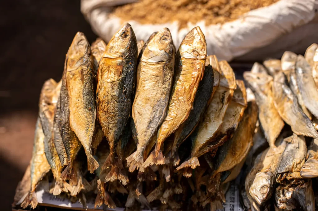 Various types of dried fish arranged on a plate